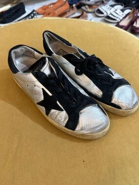 Golden Goose Silver and Black Superstar Sneakers